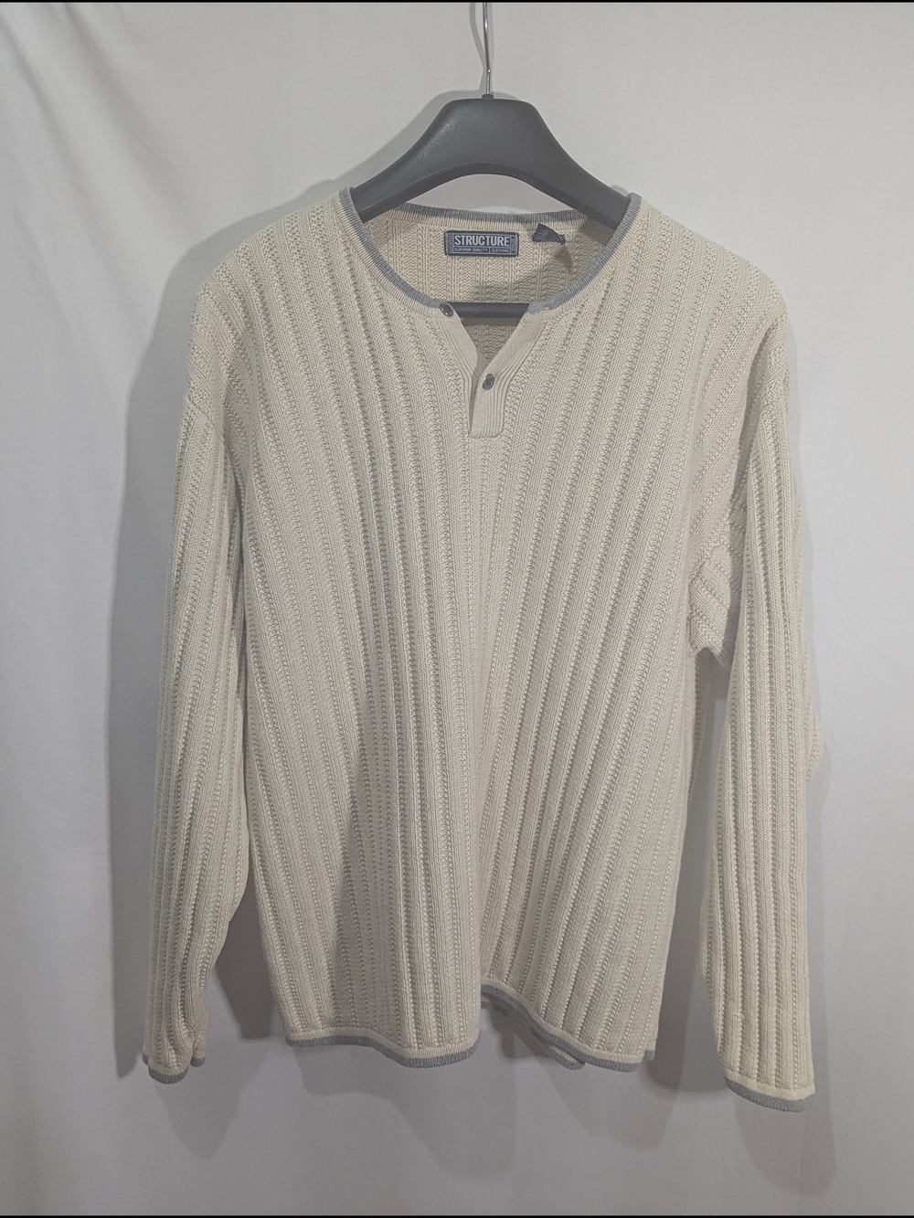 Oversized Women’s Structure Cream Gray Knit Henley Sweater Ramie Cotton Large